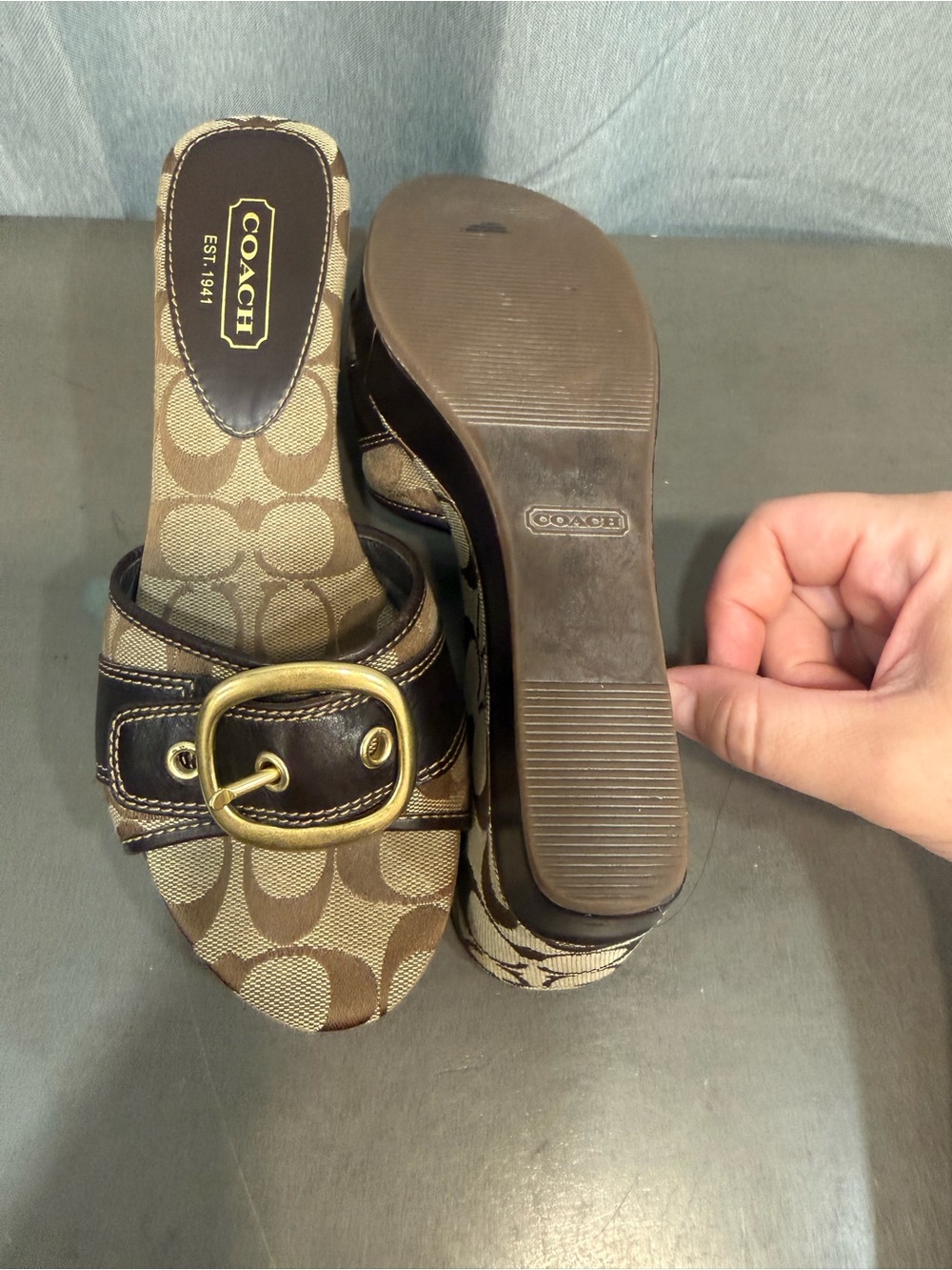 Coach Brown Mule Sandals with Signature Monogram and Gold Buckle Sz 8/.5 b - Picture 7 of 8